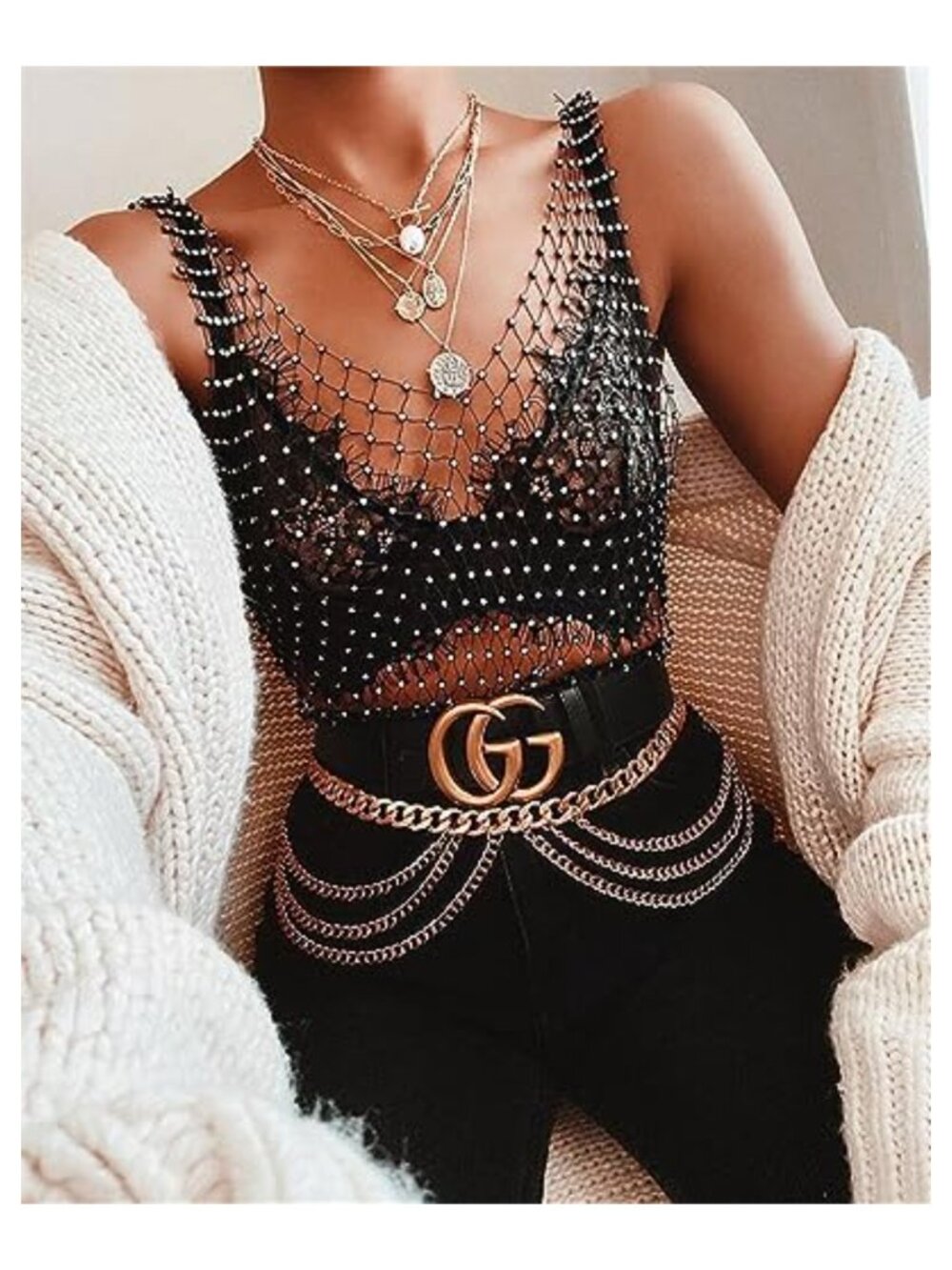 Rhinestone See Through Fishnet Mesh Crop Top Sleeveless Tank Clubwear - Picture 5 of 6
